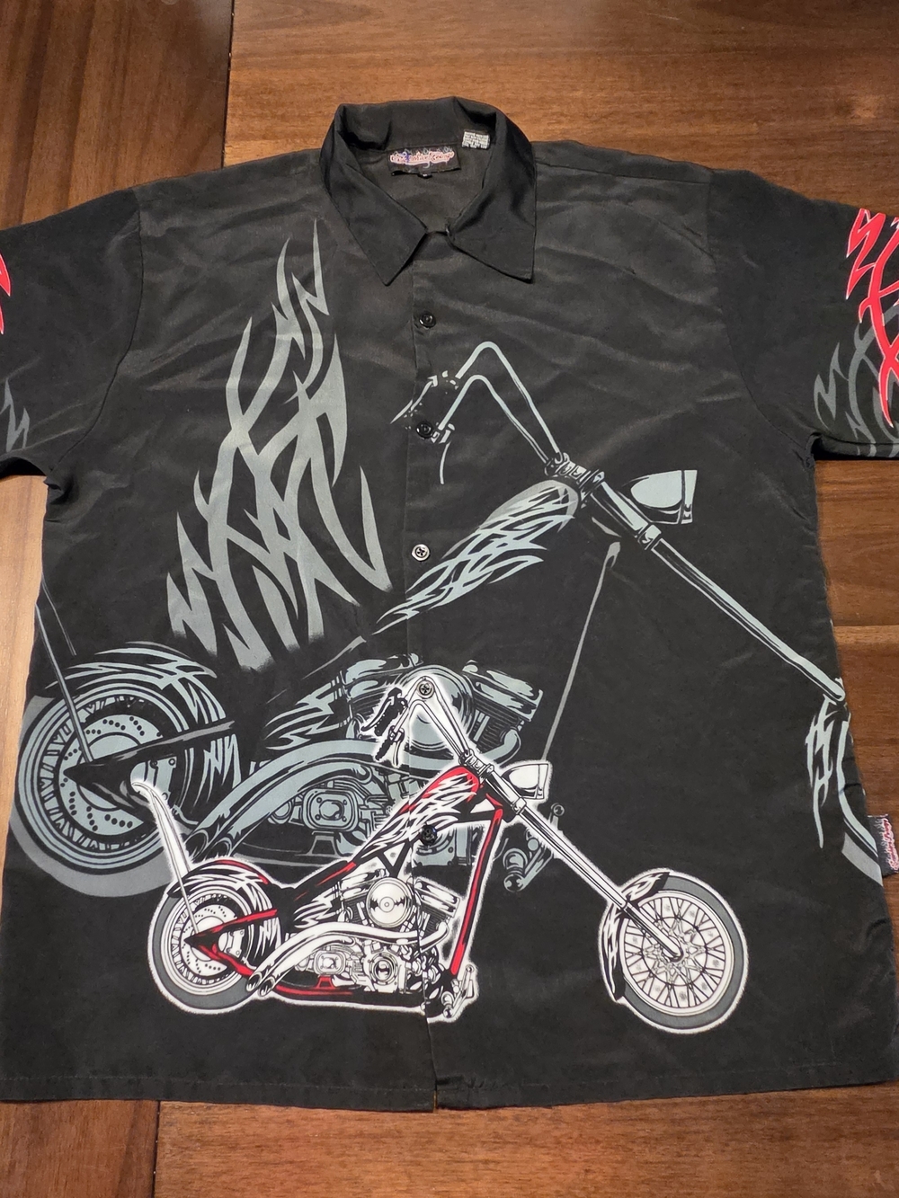 Vintage Sapphire Lounge Y2K Motorcycle Chopper Flames Button Up Shirt L